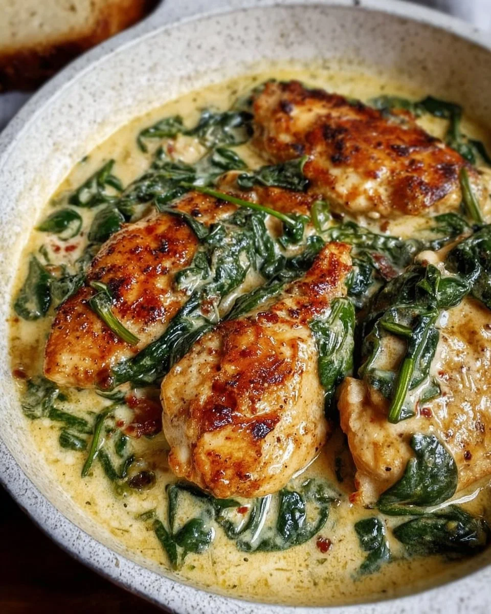 Plate of Chicken Florentine garnished with spinach and creamy sauce