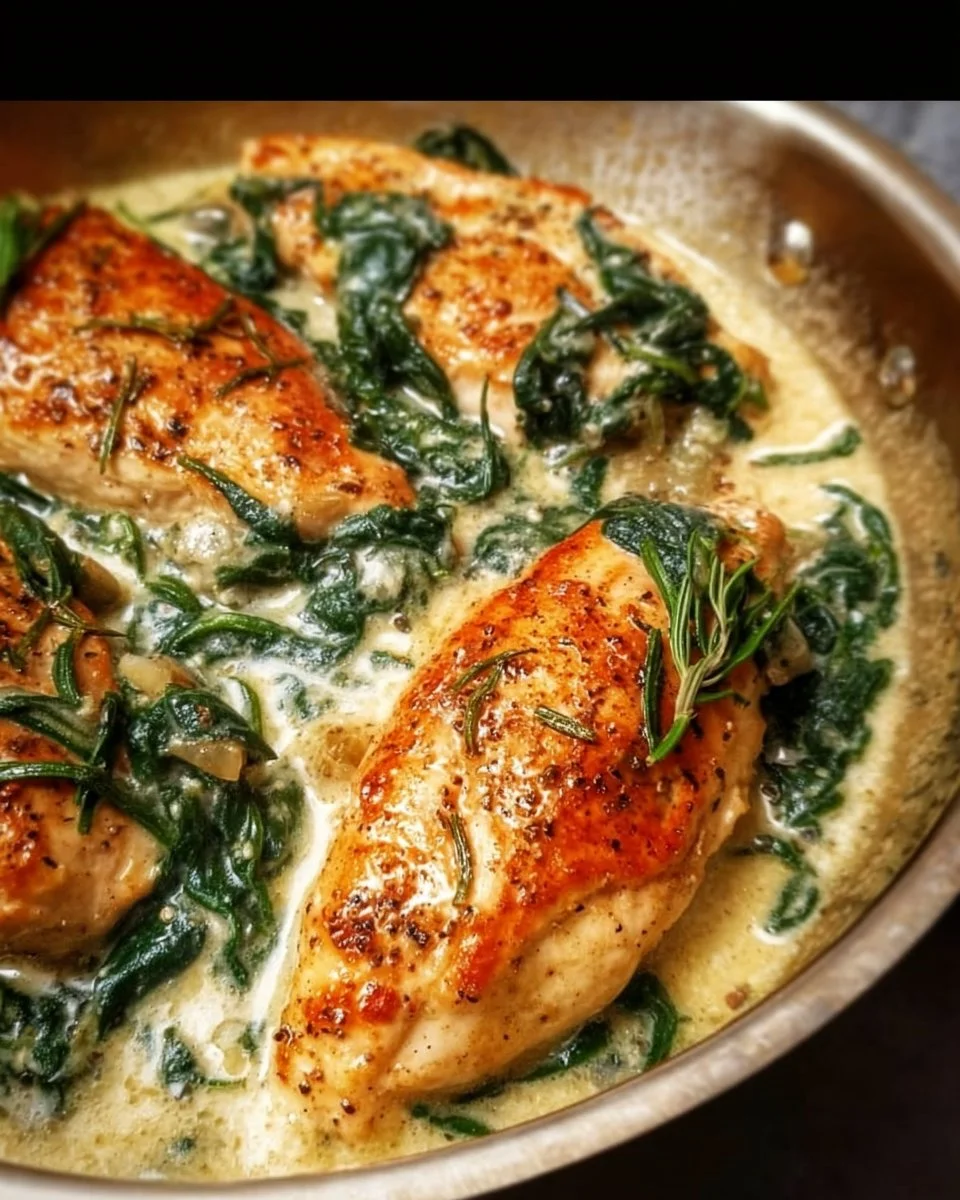 Plate of Chicken Florentine with spinach and creamy sauce