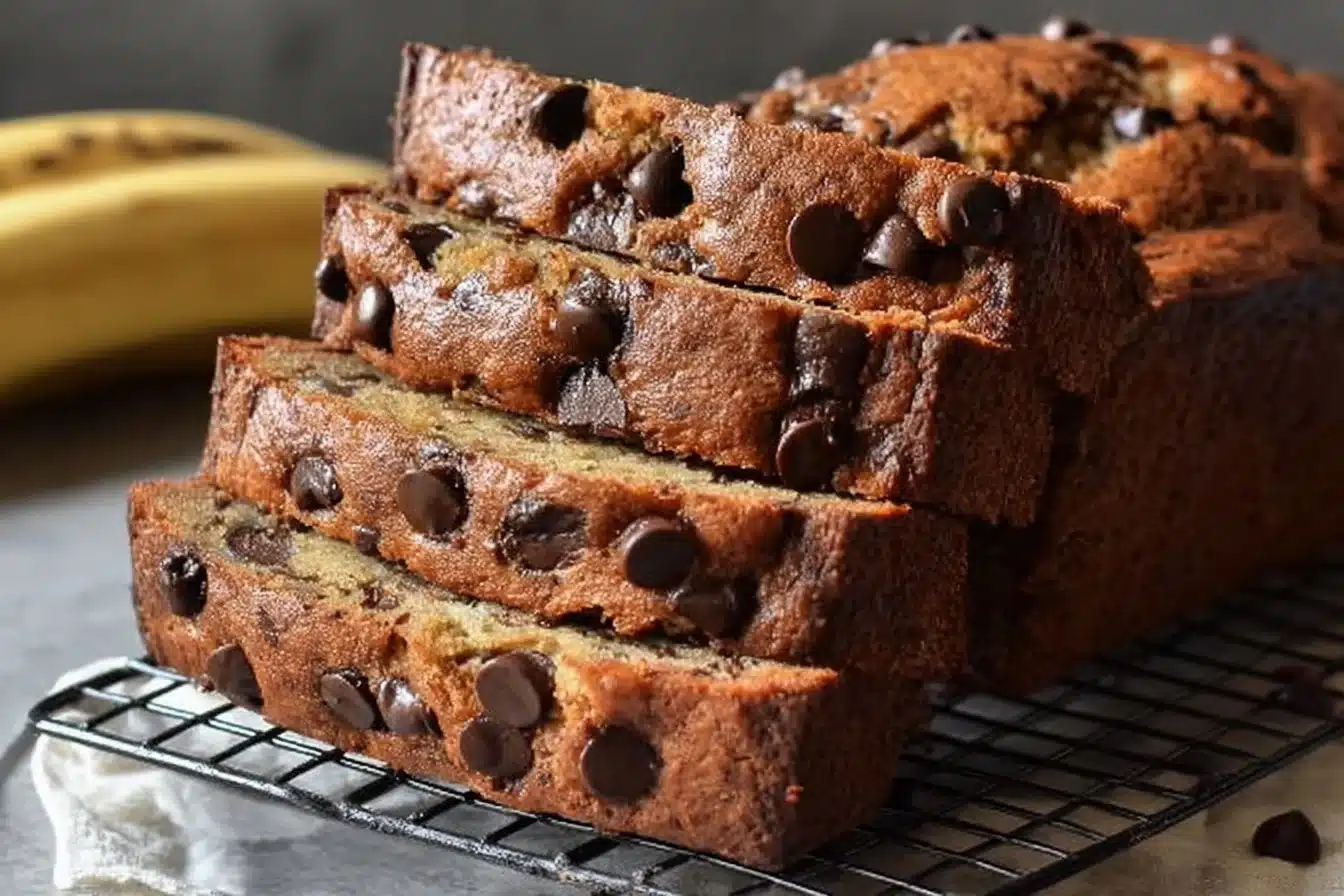 Slice of chocolate chip banana bread on a wooden table