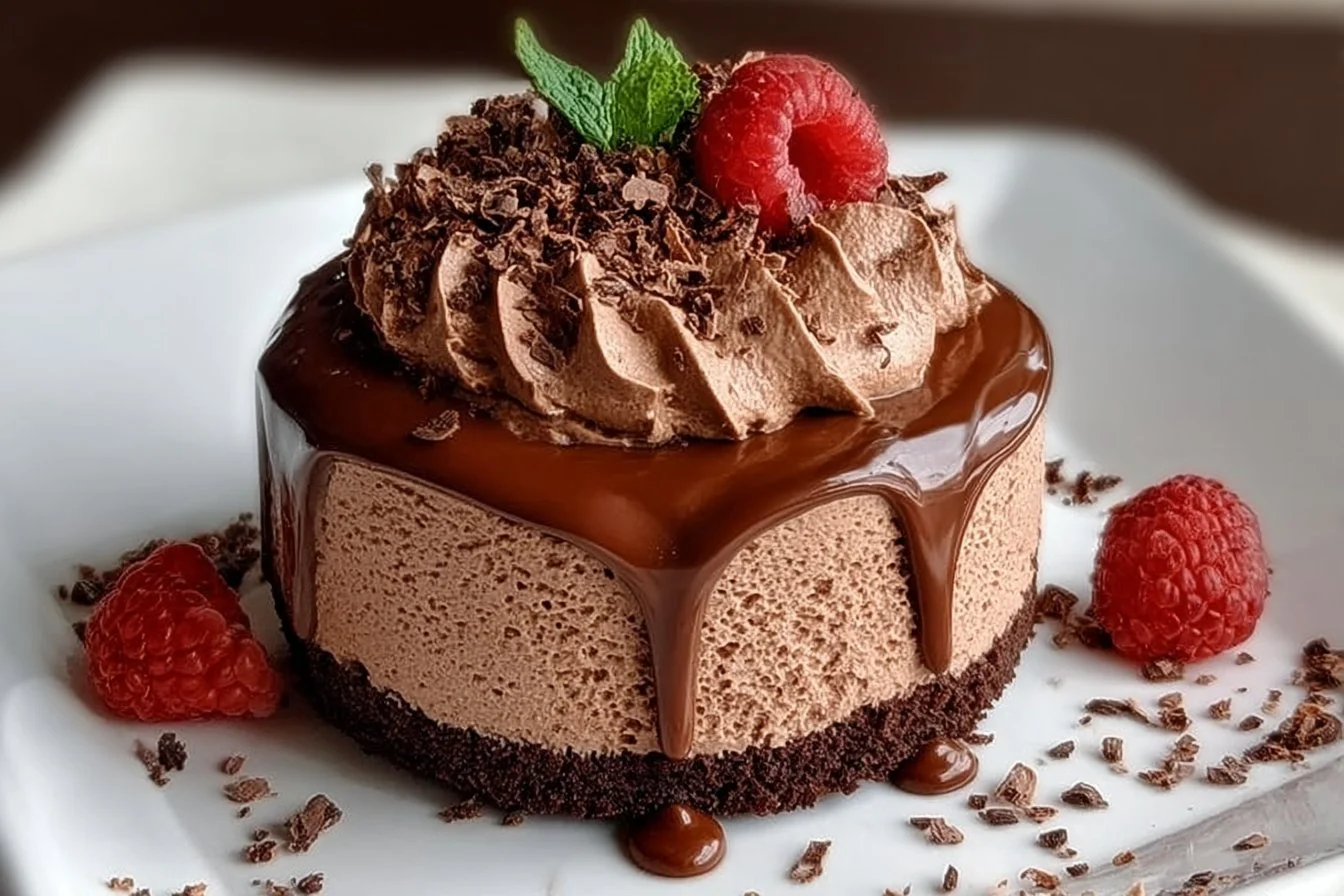 Decadent Chocolate Mousse Cake topped with chocolate shavings and fresh berries.