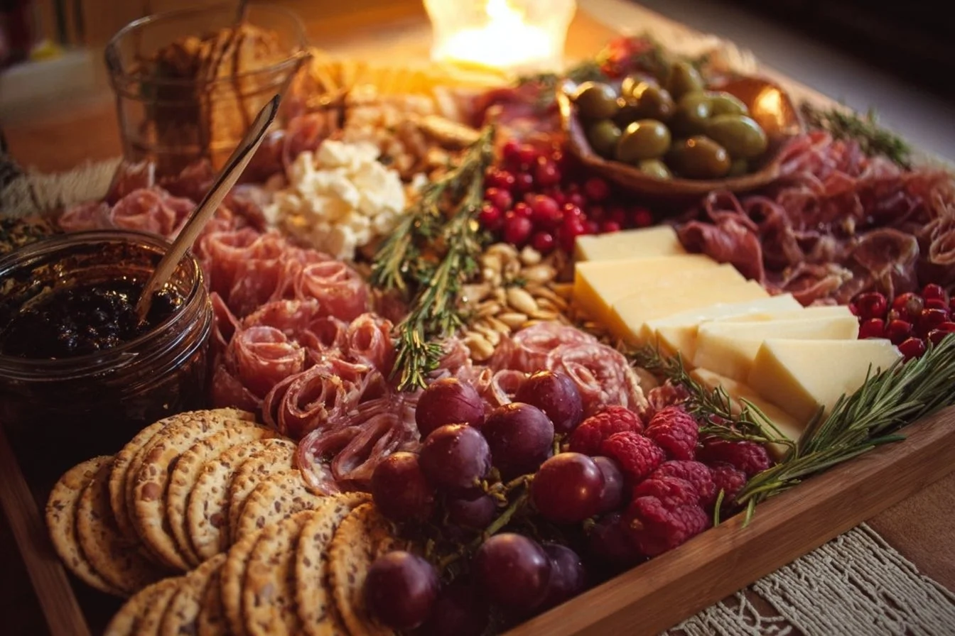 Beautiful Christmas charcuterie board with cheese, meats, and festive decor