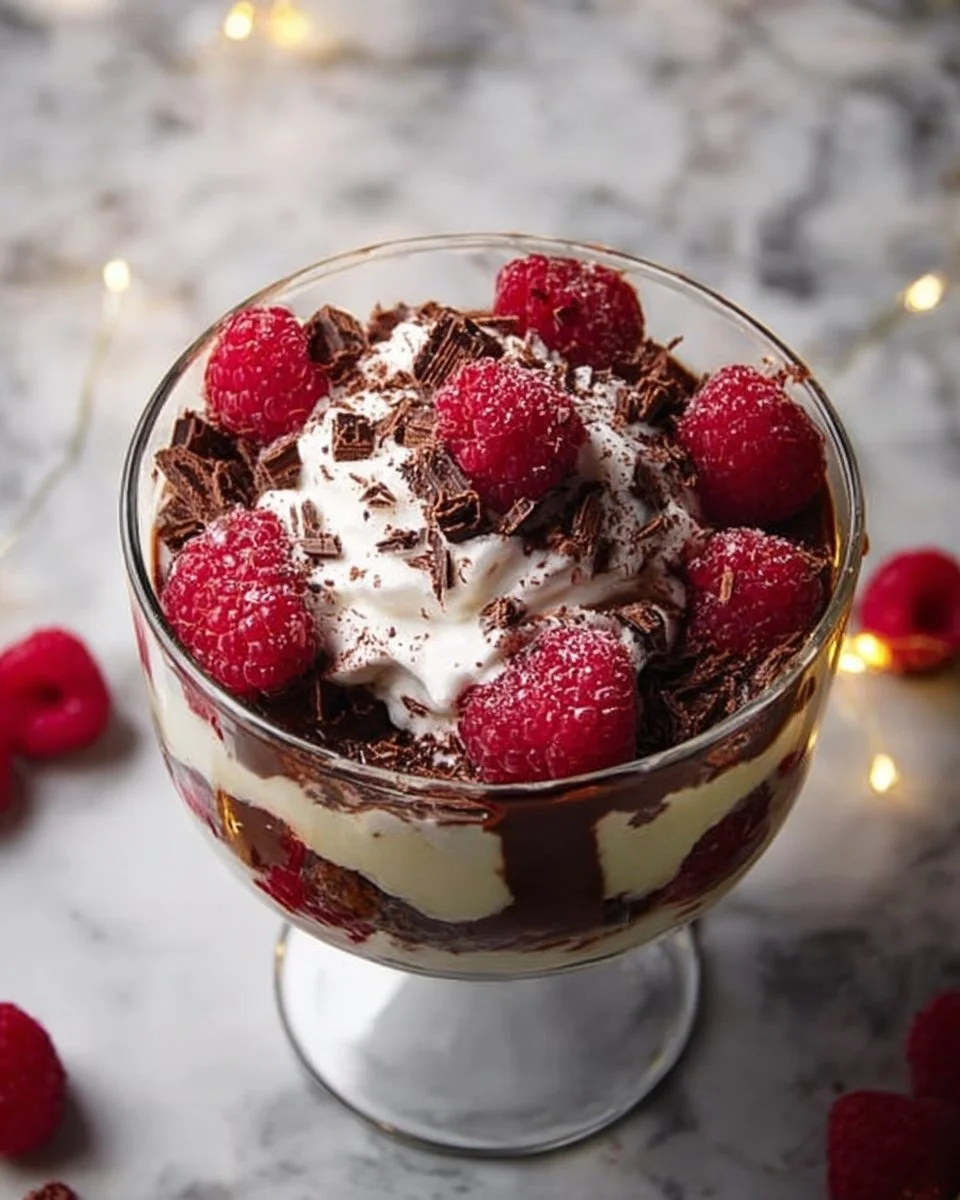 Christmas Chocolate Raspberry Trifle layered with chocolate, raspberries, and cream.