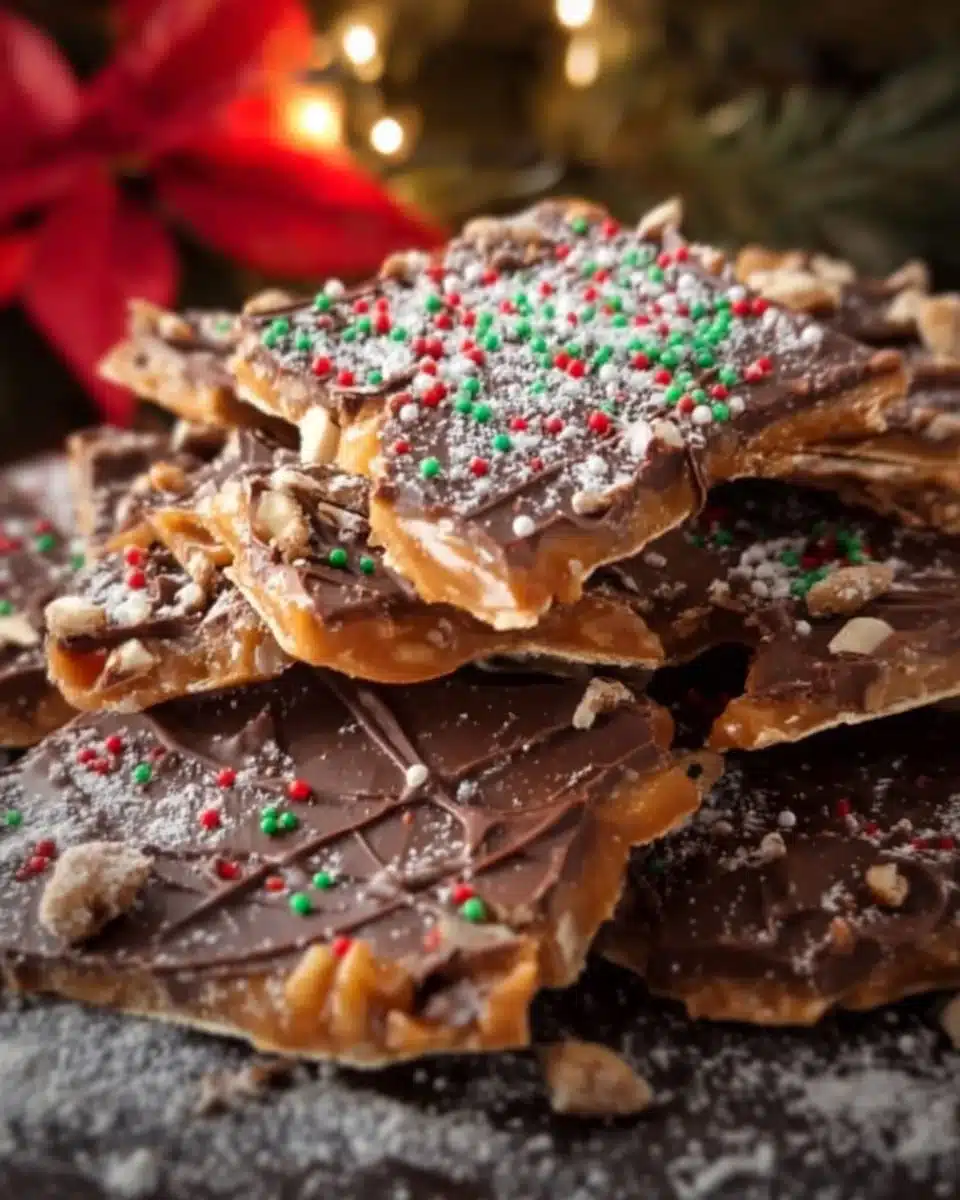 Delicious Christmas Crack made with chocolate and toffee for the holidays.