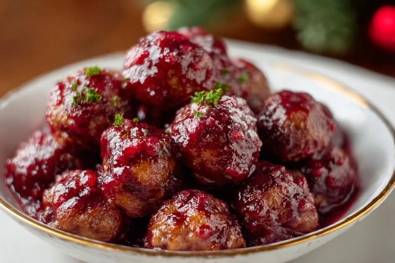 Plate of Christmas Cranberry Meatballs garnished with herbs.