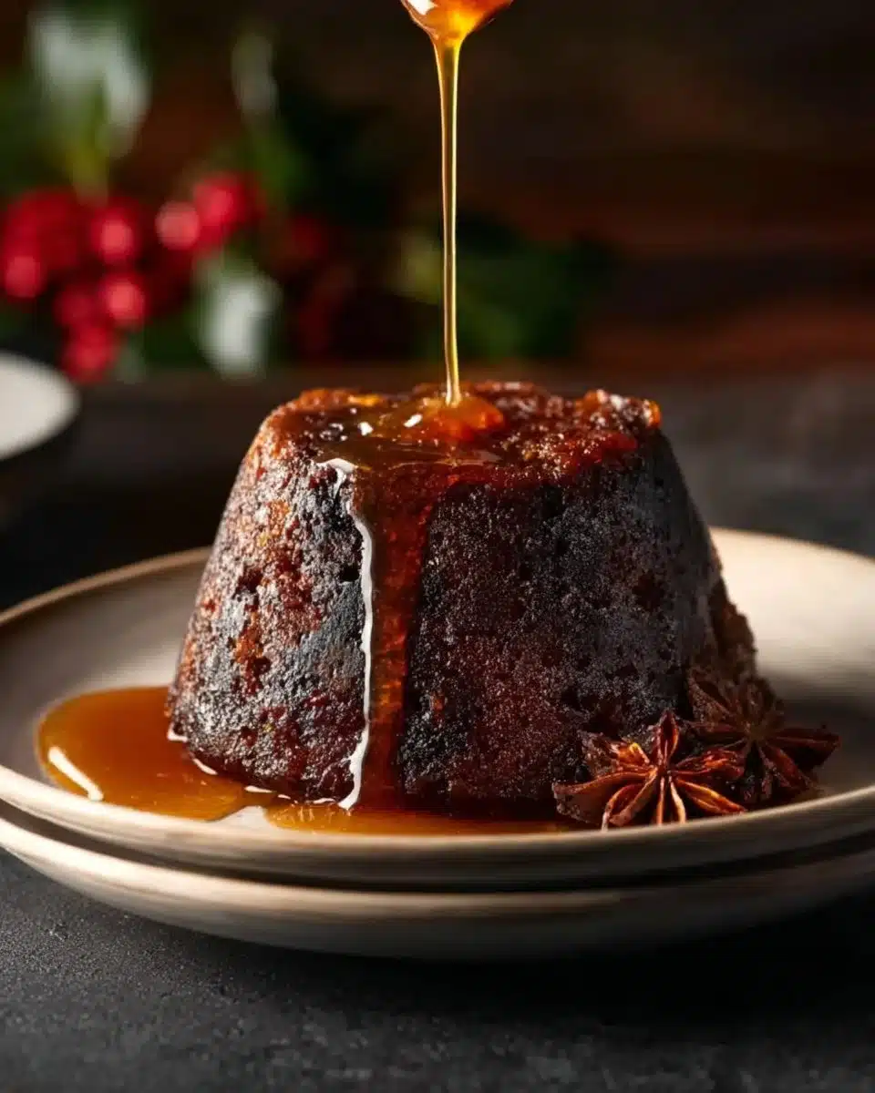 A delicious Christmas Pudding topped with holly and served on a festive table.
