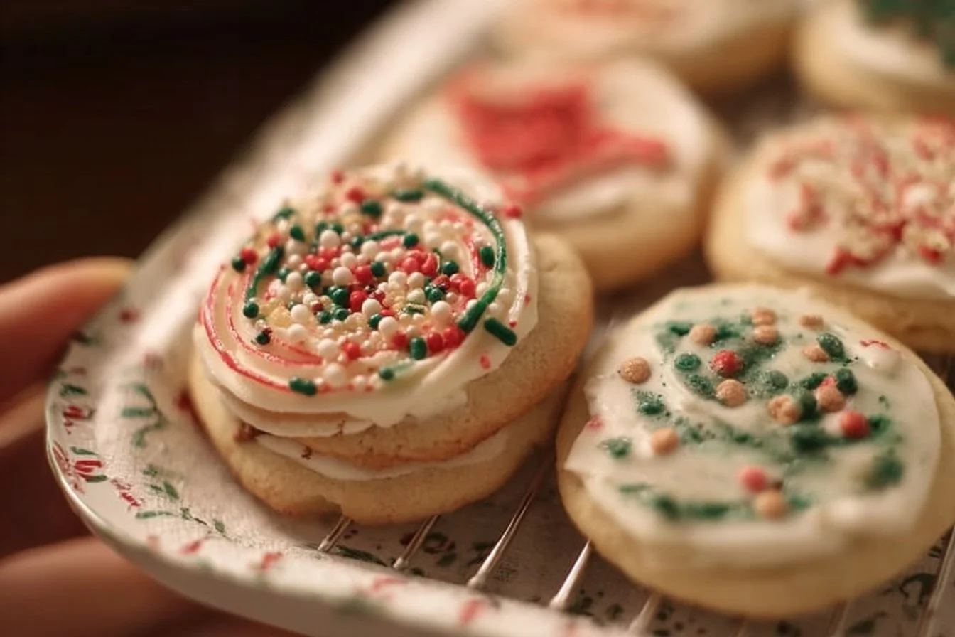 Festive Christmas sugar cookies decorated with icing and sprinkles