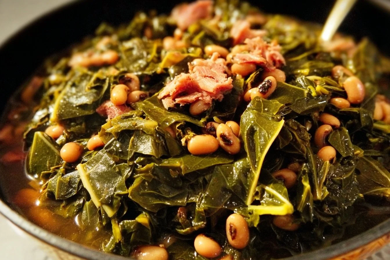 Bowl of collard greens and black-eyed peas served as a nutritious dish.