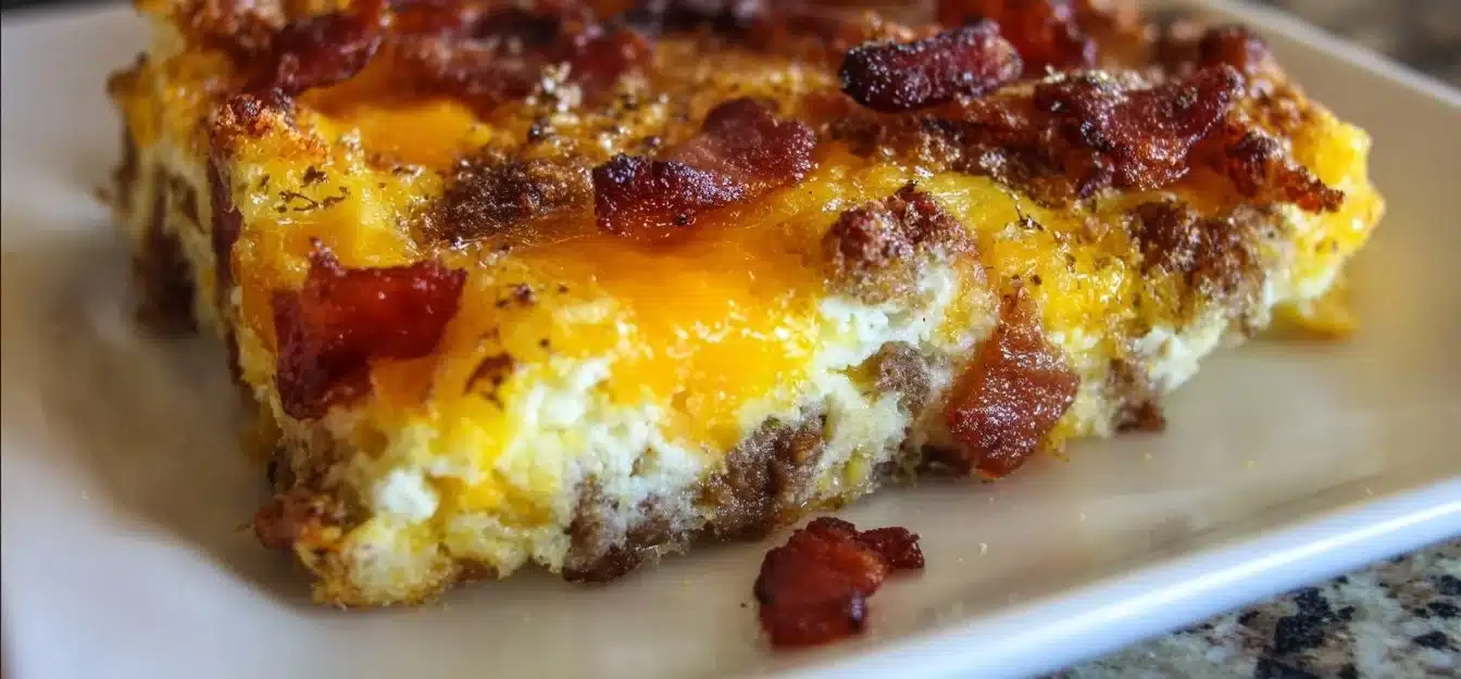 Delicious Crack Breakfast Casserole with eggs, cheese, and sausage.
