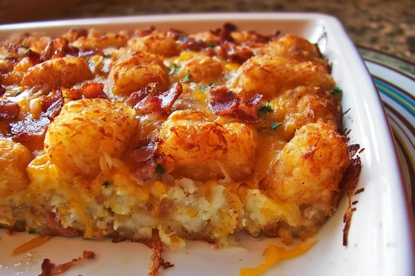 Delicious Cracked Out Tater Tot Breakfast Casserole with cheese and bacon