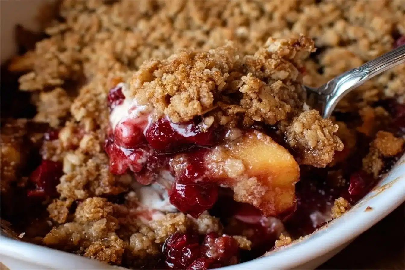 Delicious homemade Cranberry Apple Crisp dessert with cranberries and apples