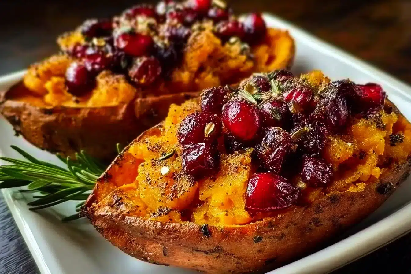 Cranberry apple twice-baked sweet potatoes topped with nuts and herbs.