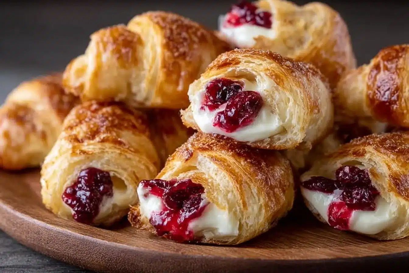 Cranberry cream cheese crescent bites served on a festive platter.
