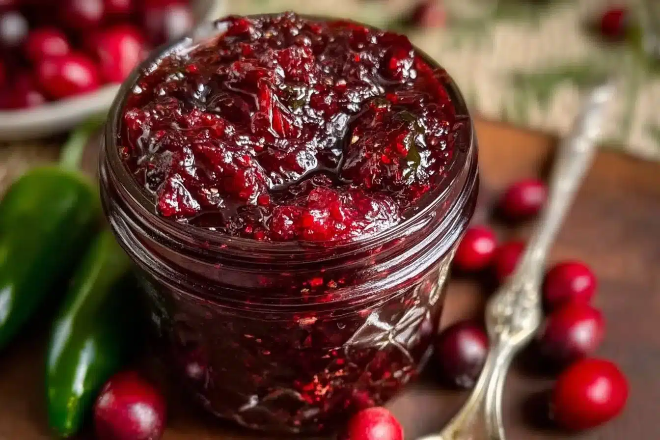 Jar of Cranberry Jalapeño Jam with fresh cranberries and jalapeños