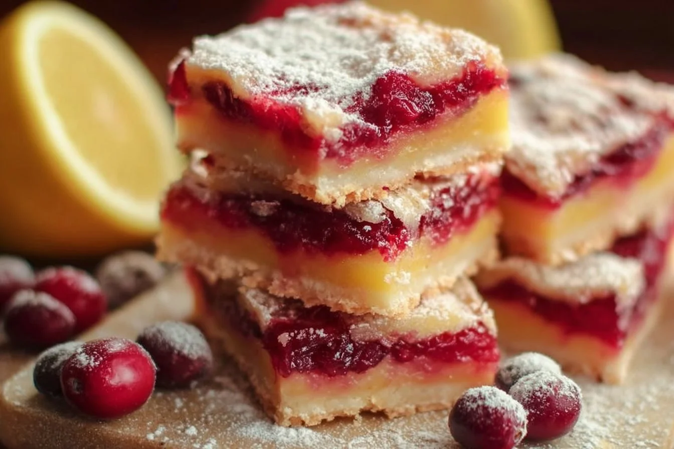 Delicious cranberry lemon bars topped with powdered sugar on a wooden table.