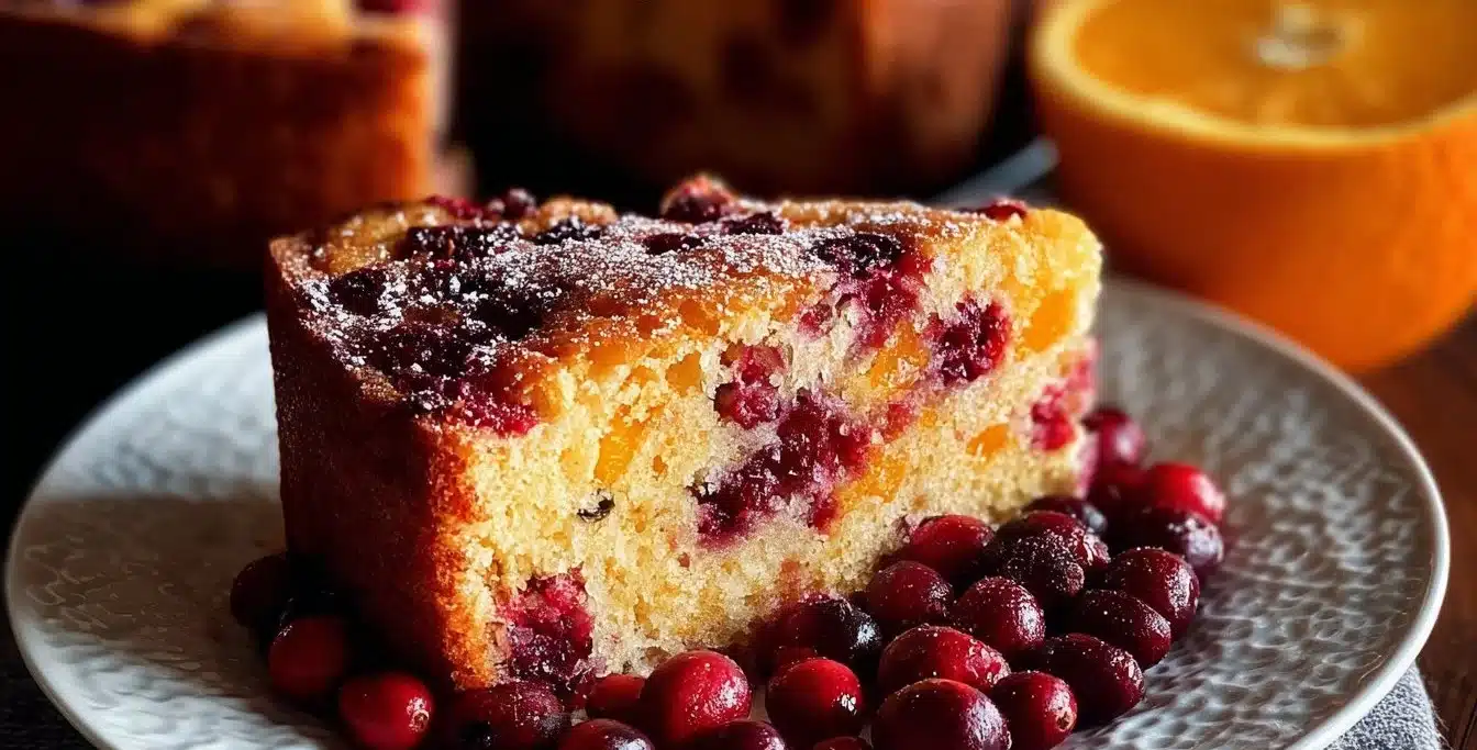 Cranberry Orange Breakfast Cake served on a plate with fresh cranberries and orange slices