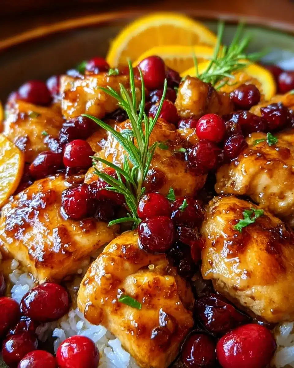 Delicious Cranberry Orange Chicken dish garnished with fresh herbs.