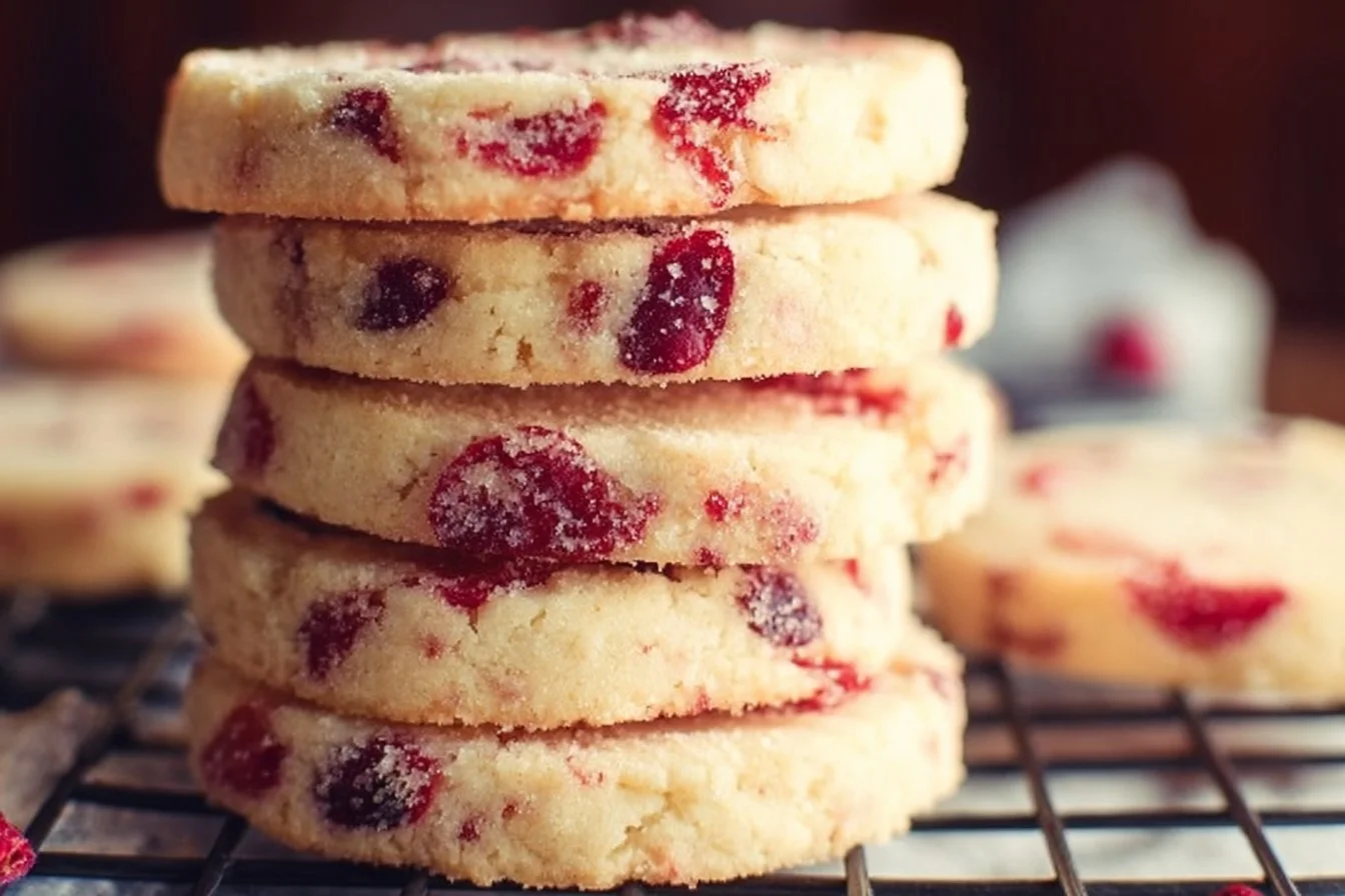 Delicious cranberry shortbread cookies displayed on a festive plate.