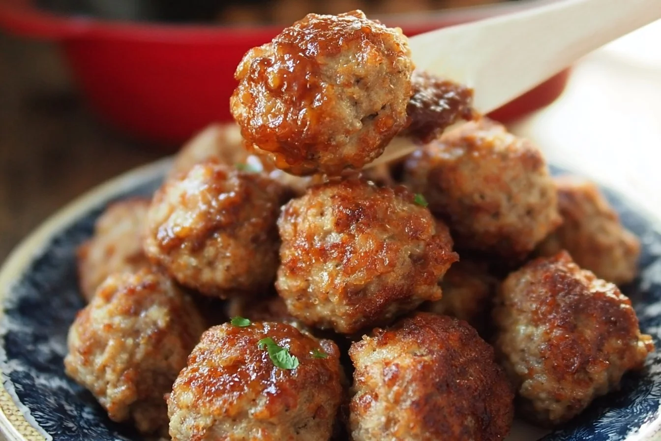 Plate of creamy sausage balls made with cream cheese, perfect appetizer for parties.