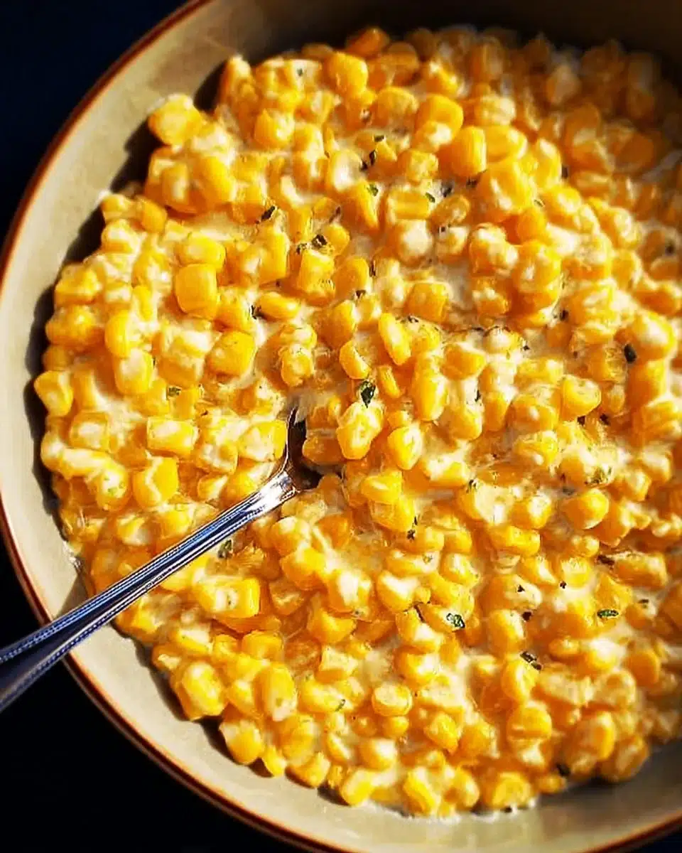 Delicious homemade creamed corn served in a bowl with herbs on top.