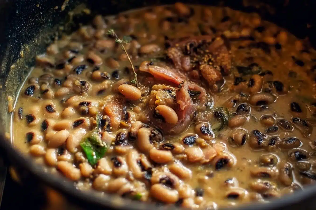 Delicious creamy black-eyed peas served in a bowl with herbs.