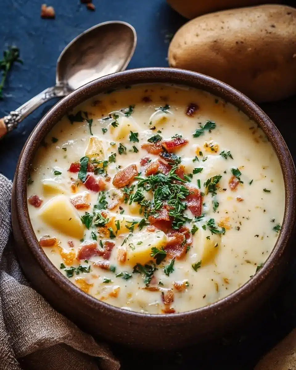 Bowl of creamy potato soup garnished with herbs and spices