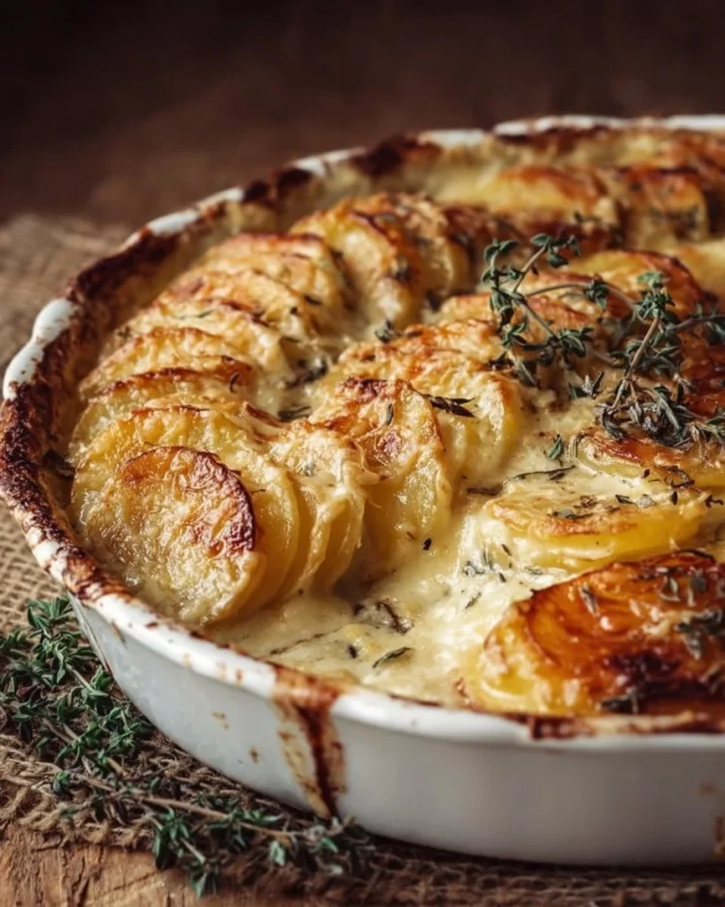 Delicious creamy scalloped potatoes baked to perfection in a casserole dish.