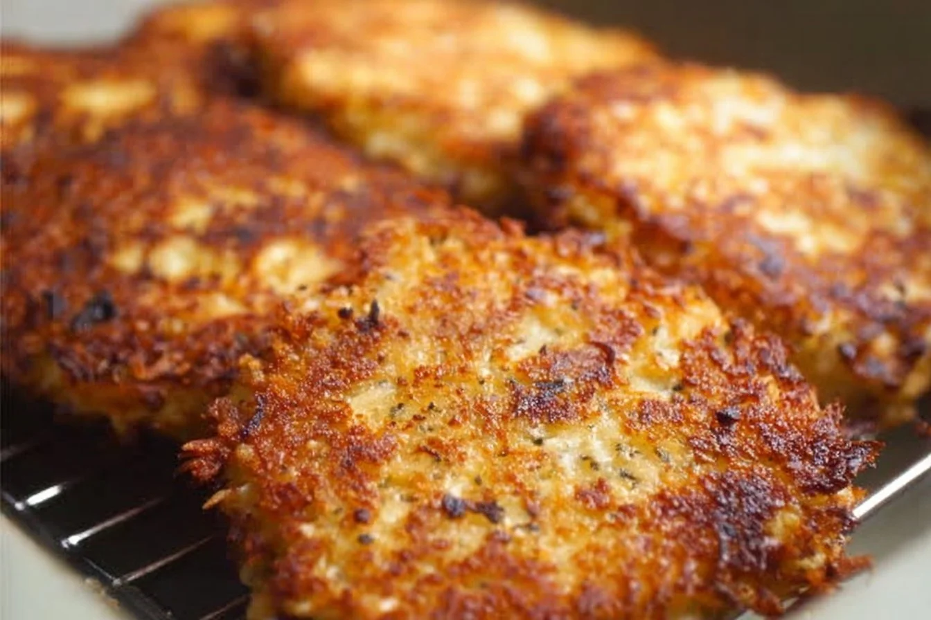 Crispy cauliflower hash browns served on a plate with fresh herbs.