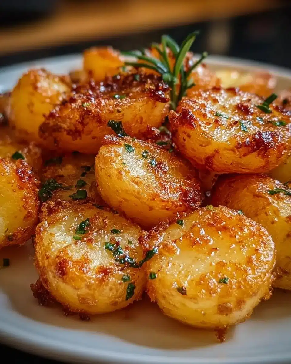 Crispy garlic butter potatoes garnished with fresh herbs