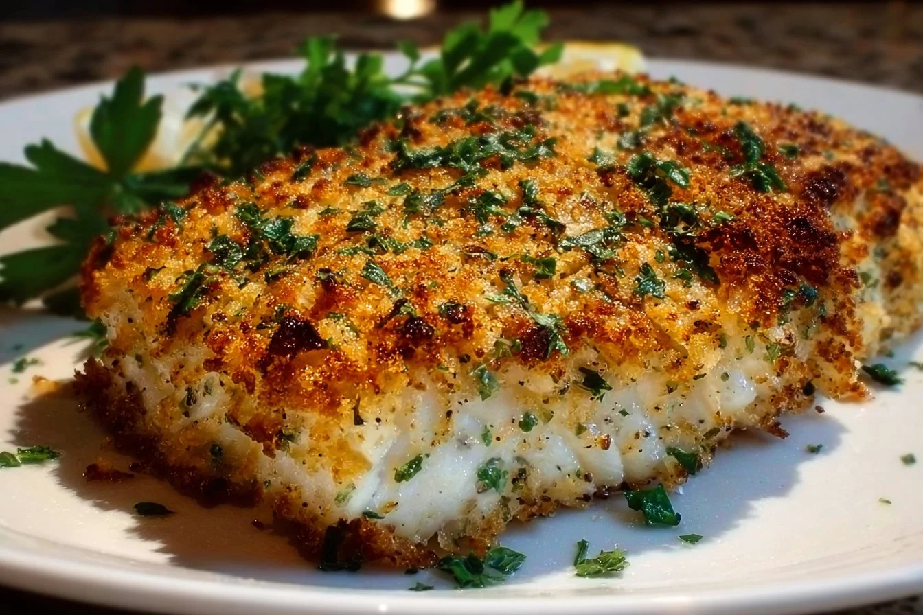 Crispy garlic parmesan halibut served with lemon wedges and fresh herbs