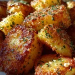 A plate of crispy Parmesan potatoes garnished with herbs