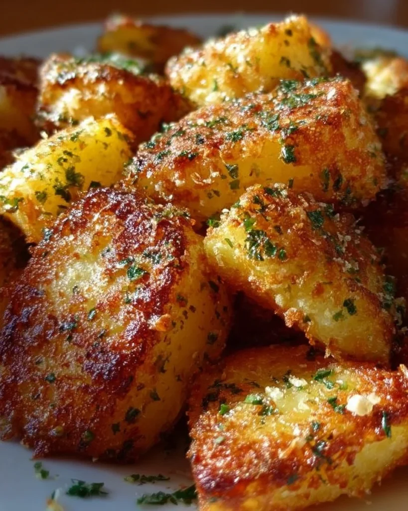 A plate of crispy Parmesan potatoes garnished with herbs