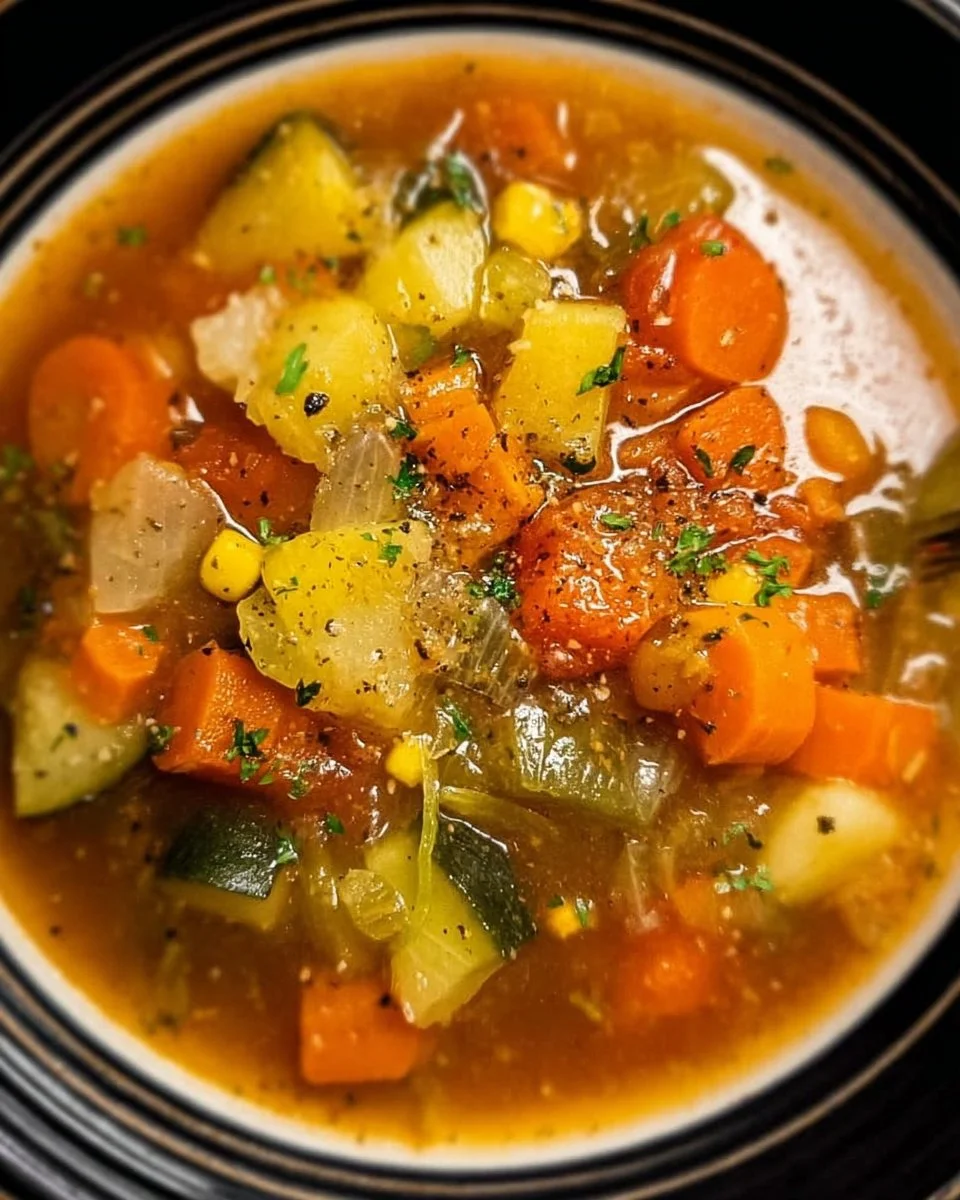 Crockpot Harvest Vegetable Soup featuring colorful vegetables in a bowl