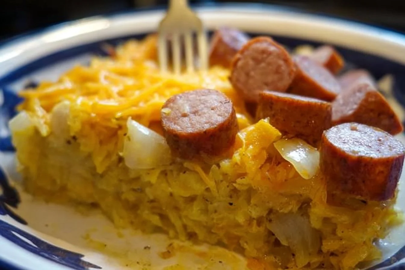 Crockpot Smoked Sausage Hash Brown Casserole served in a bowl