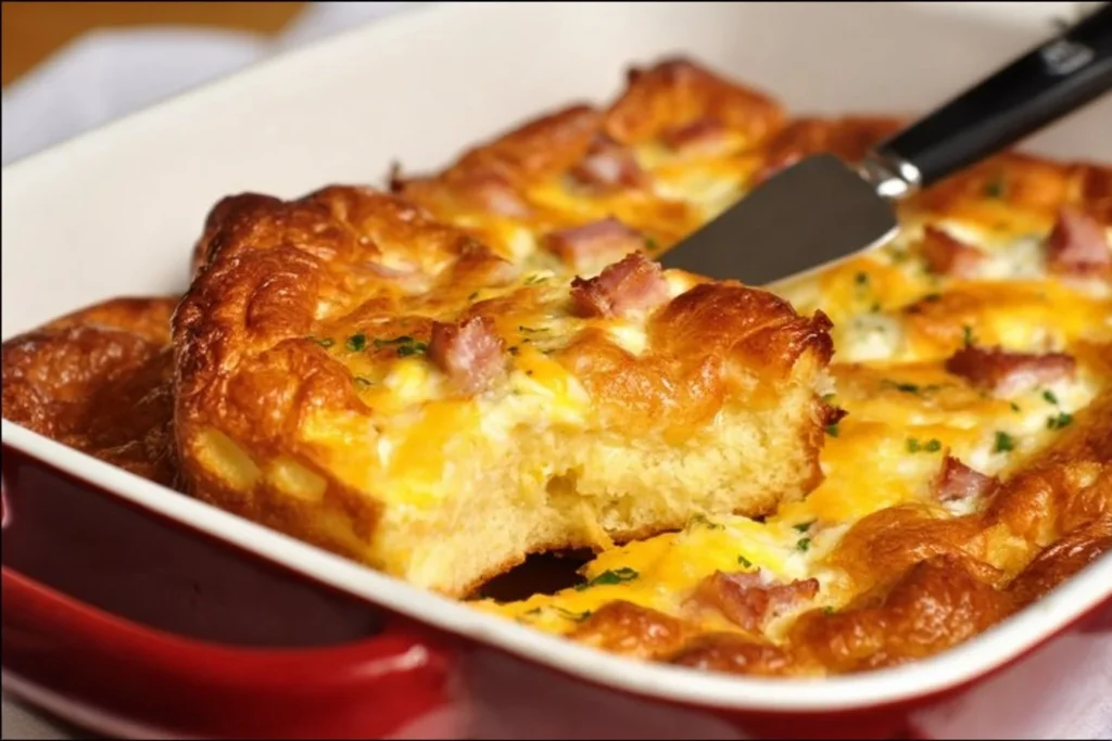 Delicious croissant egg bake breakfast casserole served on a plate