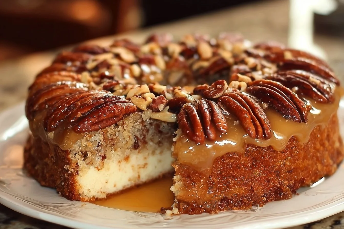 Delicious gooey butter pecan cake topped with crunchy pecans and caramel glaze