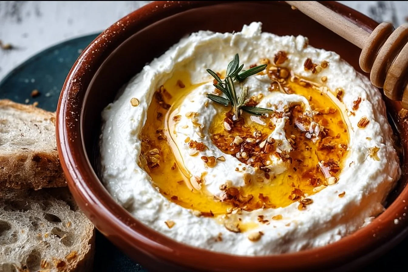 Delicious ricotta dip garnished with hot honey, served with fresh vegetables.