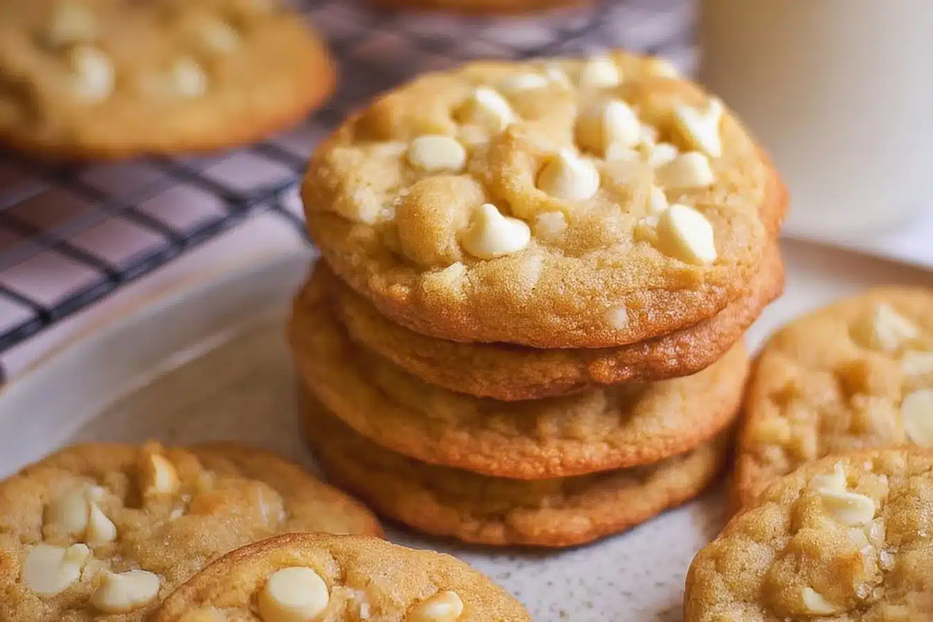 Delicious homemade white chocolate chip cookies on a plate