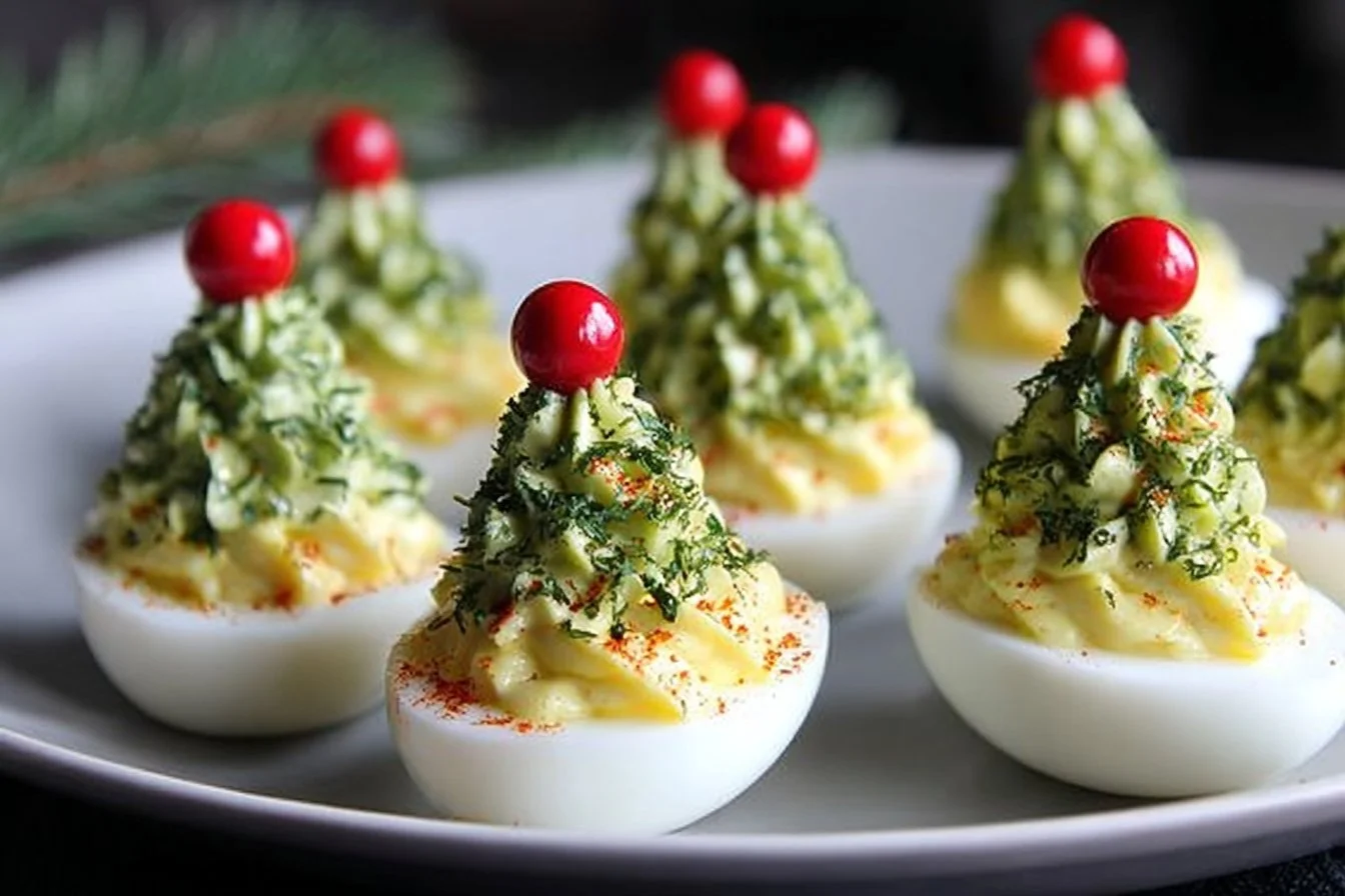 Decorative deviled egg Christmas trees for festive holiday gatherings.