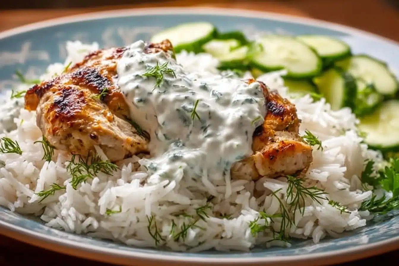 Delicious dump-and-bake chicken tzatziki served with rice.