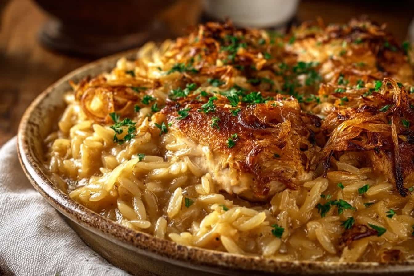 French Onion Chicken Orzo Casserole