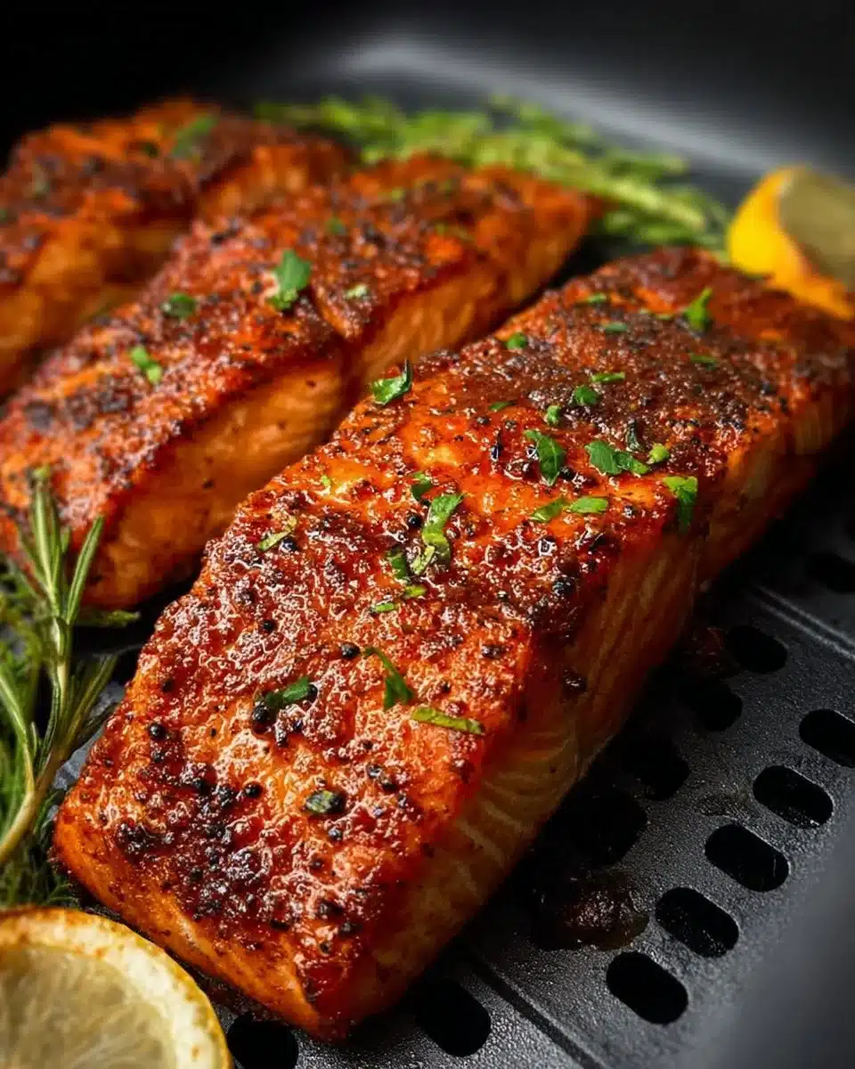 Delicious easy air fryer salmon served on a plate with lemon and herbs.