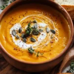 Bowl of easy butternut squash soup garnished with herbs