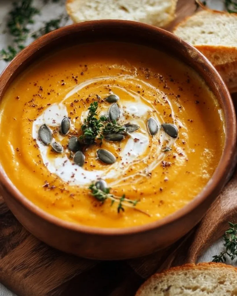 Bowl of easy butternut squash soup garnished with herbs