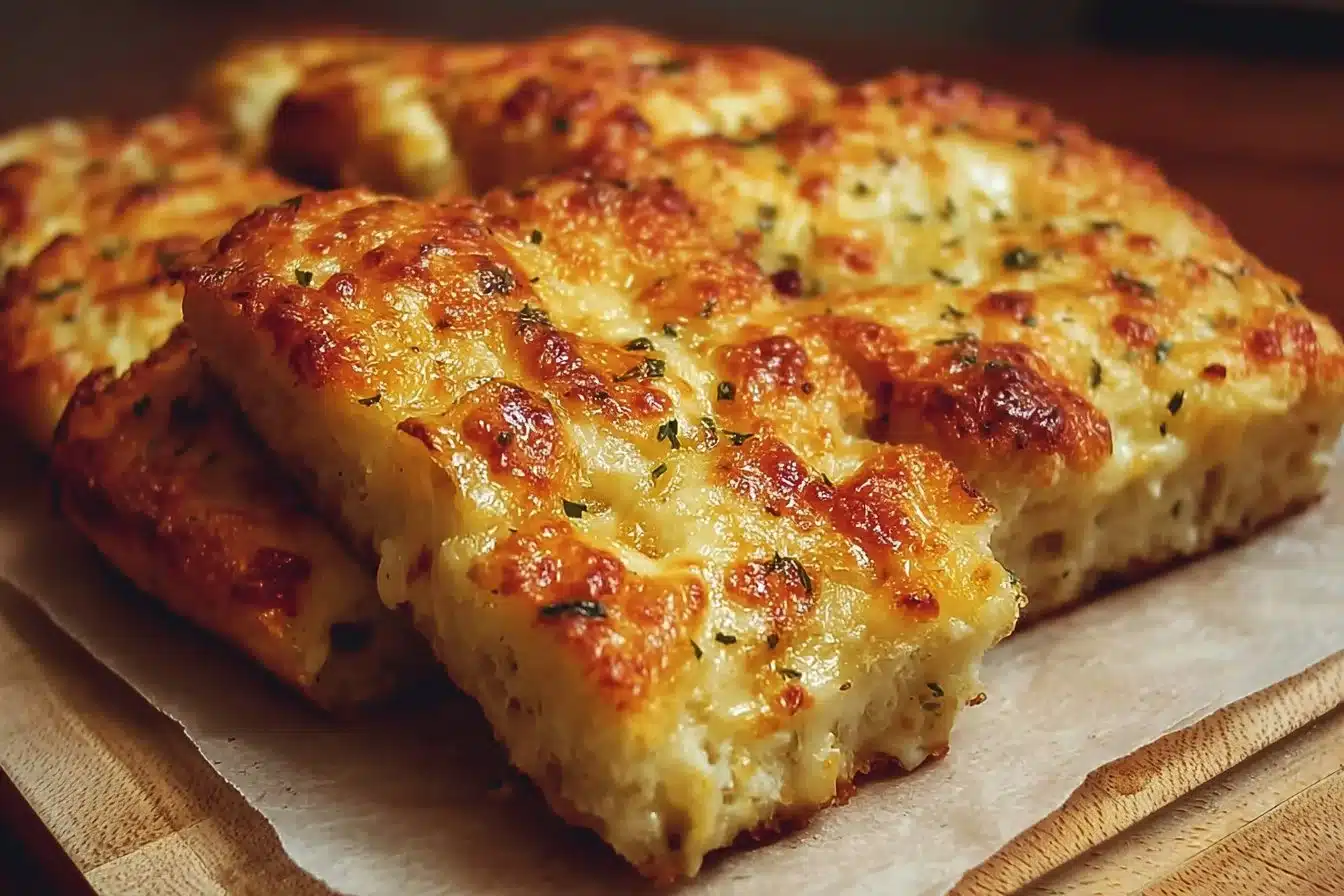 Delicious homemade cheesy bread with melted cheese and golden crust