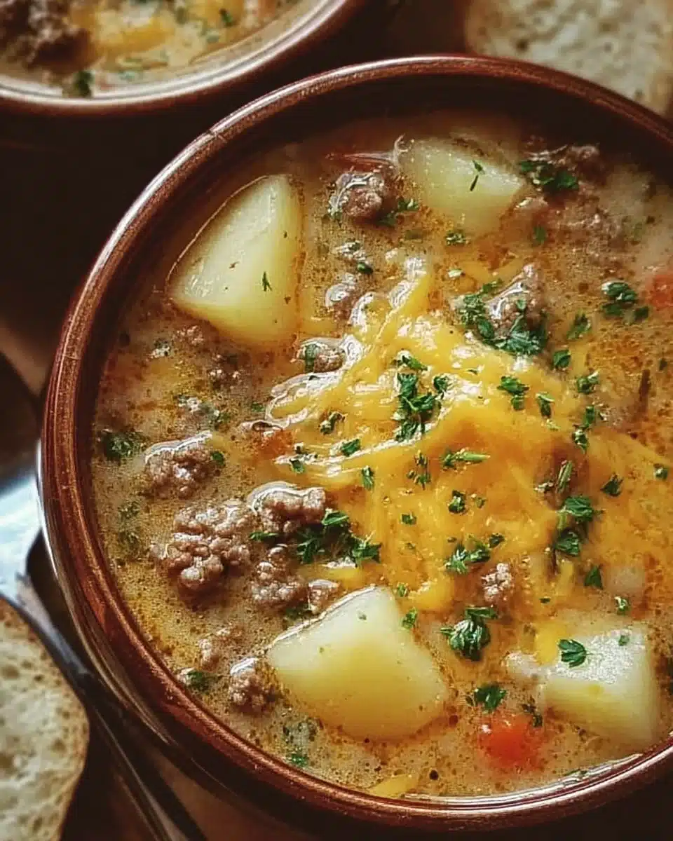 Bowl of easy cheesy hamburger potato soup topped with cheese and herbs