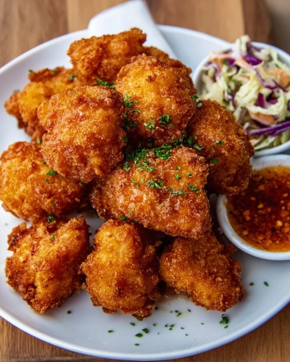 Plate of easy chicken bites served with dipping sauce
