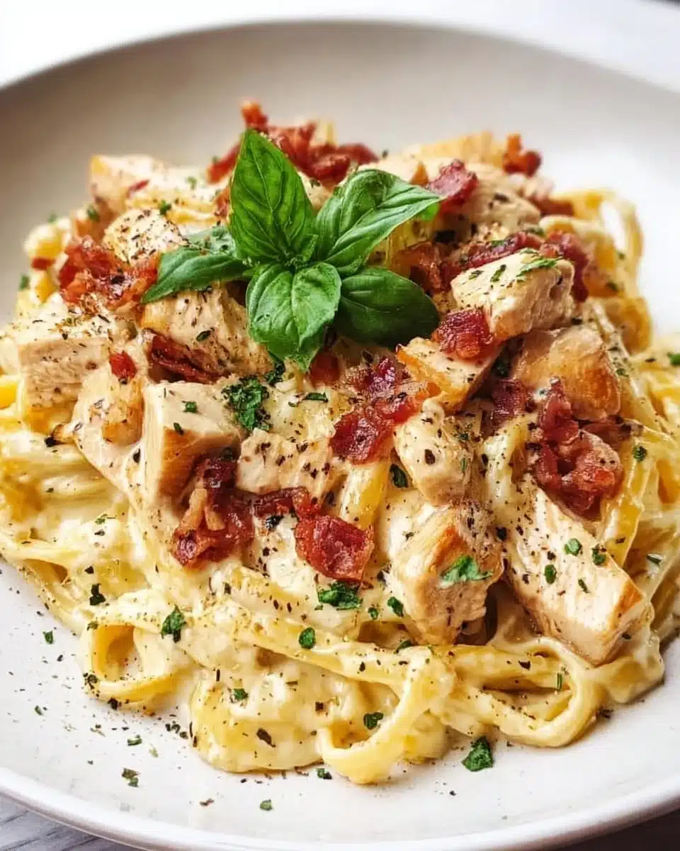 A plate of easy chicken carbonara topped with parsley and grated cheese.