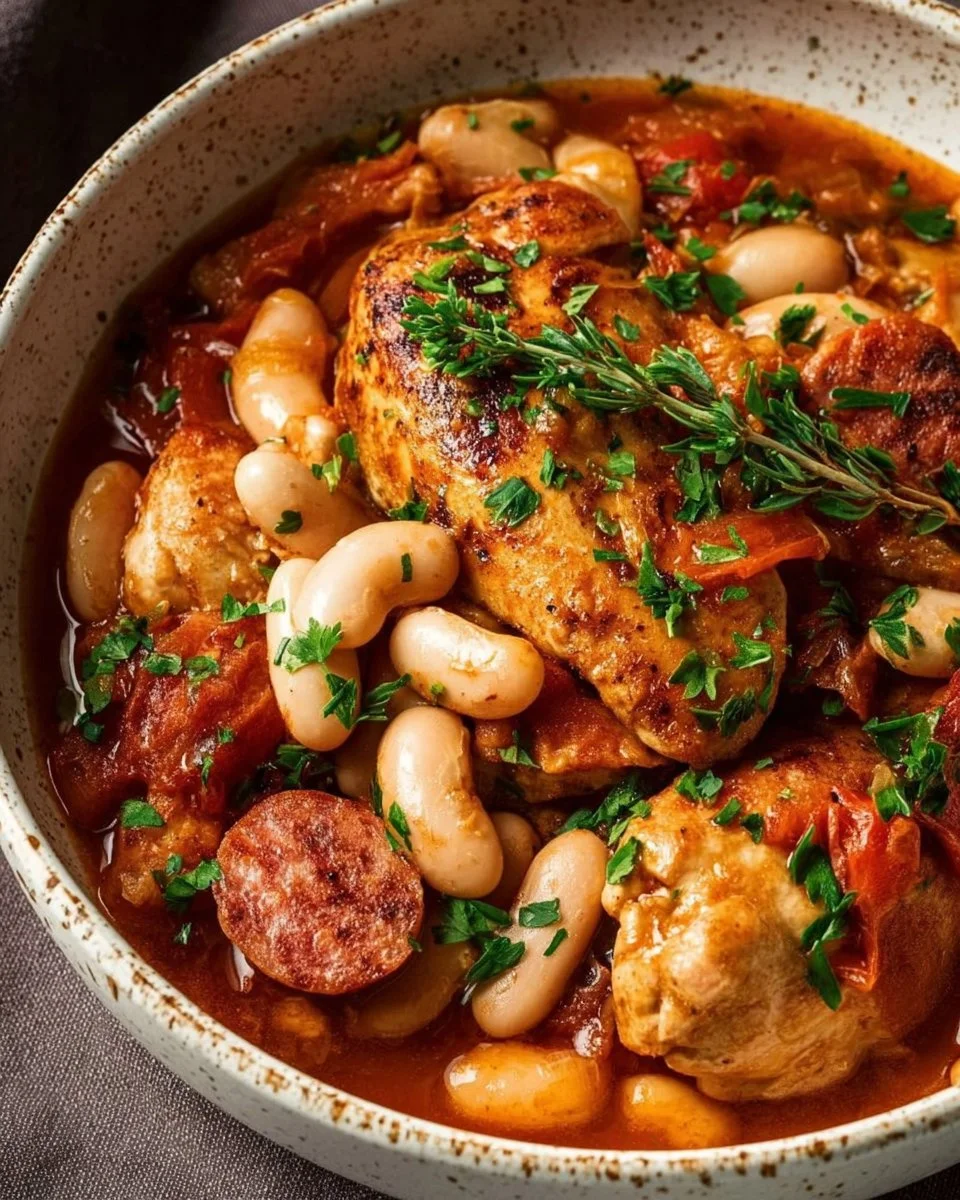Delicious easy chicken cassoulet served in a rustic dish.