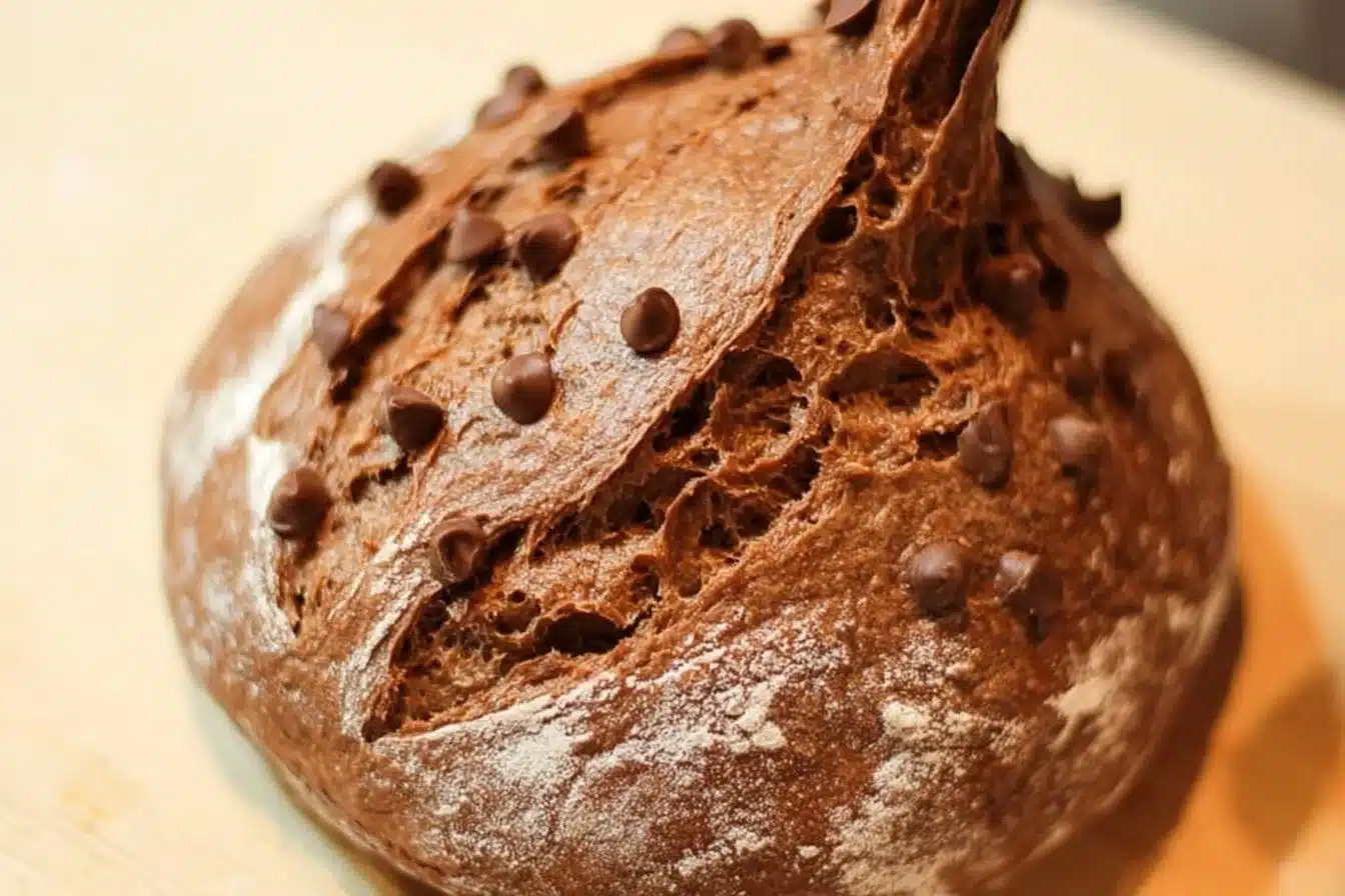 Loaf of easy chocolate sourdough bread fresh out of the oven