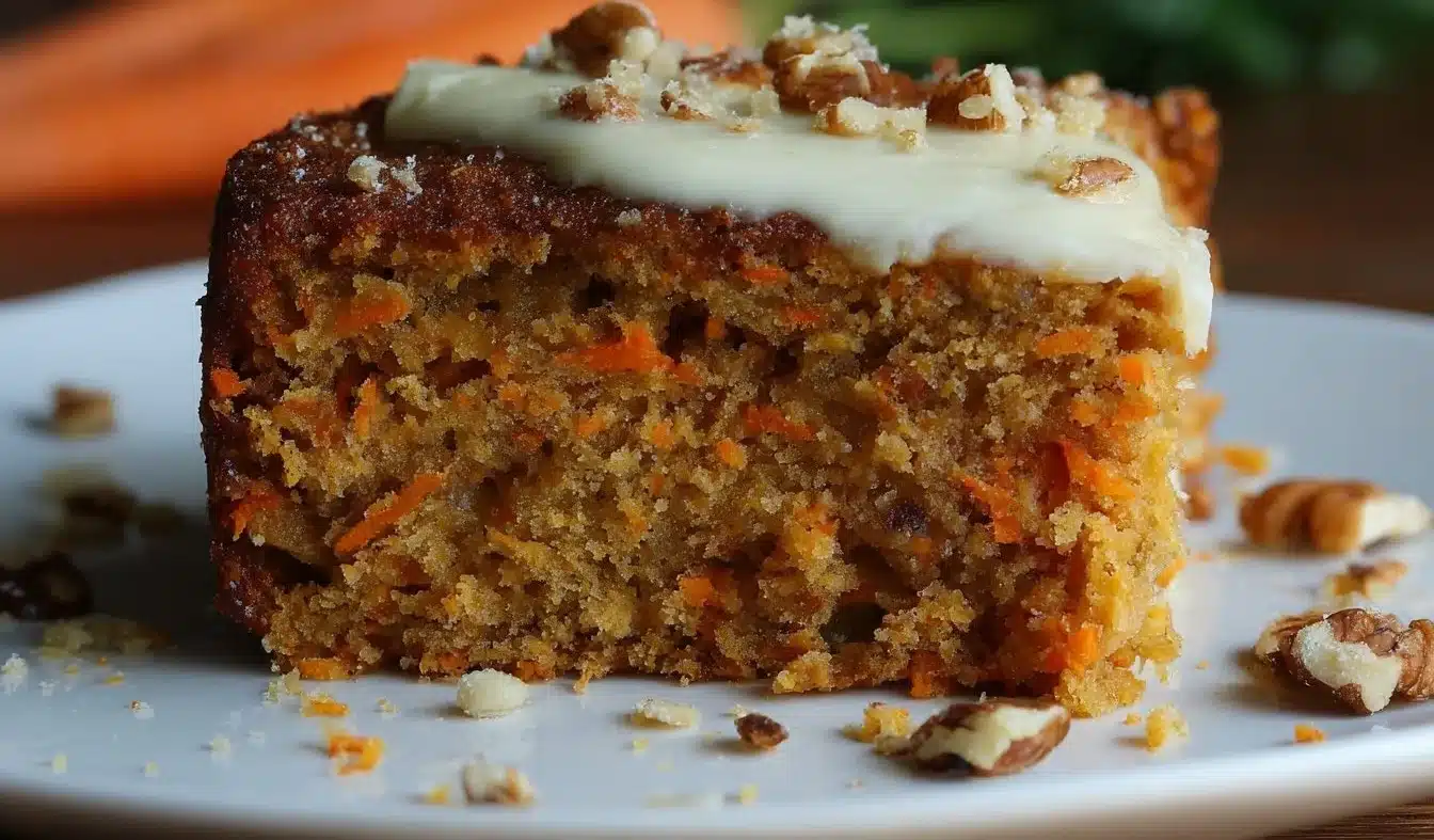 Slice of easy flourless oatmeal carrot cake topped with cream cheese frosting